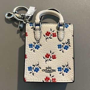 Coach Floral Leather NORTH/SOUTH MINI TOTE BAG CHARM Silver/Chalk